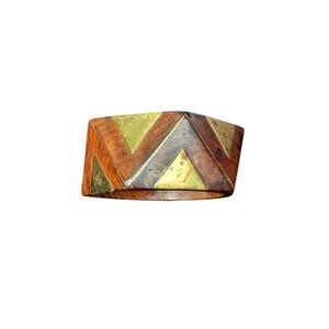 Vintage Dark Wood Brass Inlay Bangle Bracelet MCM Boho Geometric Chunky Wide